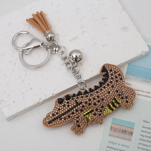 Creative crystal crocodile keychain with brown rhinestones and elegant leather tassel