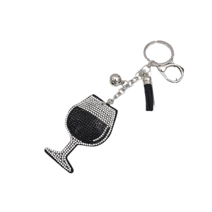 Porte-clés en forme de verre à vin avec strass noirs et blancs et pompon noir élégant