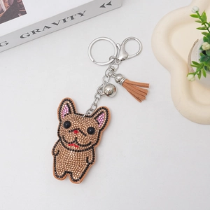 Portachiavi bulldog francese con strass e nappe marroni per decorazione borsa