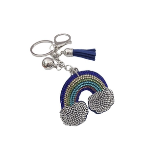 Portachiavi arcobaleno con strass nuvole bianche e ciondolo con nappa blu scuro