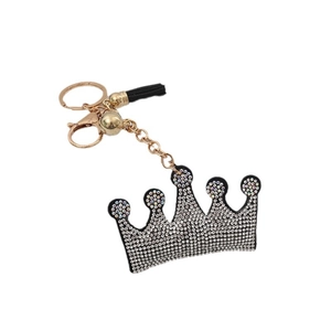 Sparkling crown keychain with silver rhinestones, black tassel and golden metal hardware