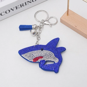 Sparkly shark rhinestone keychain with blue tassel and bell charm for bags and keys