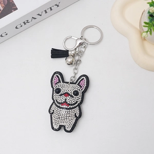 Portachiavi bulldog francese con strass scintillanti, nappa nera e campanello d'argento