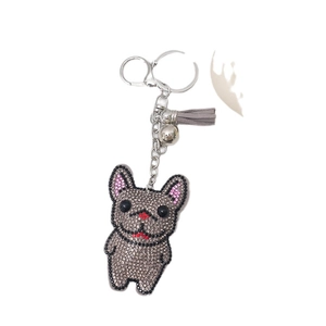 Portachiavi a bulldog francese con strass grigi e nappa con catena in argento