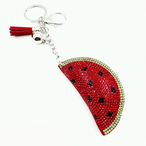 Sparkling watermelon rhinestone keychain with red tassel and silver metal keyring