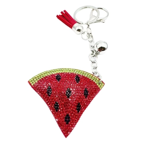 Sparkling crystal watermelon slice keychain with red fringe tassel and silver metal ring