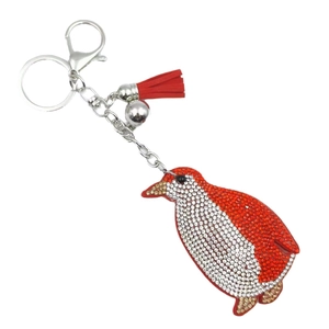 Sparkling penguin keychain with red rhinestones, silver lobster clasp and red tassel