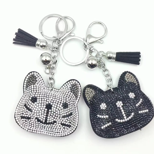 Cartoon Cat Head Rhinestone Keychain Alloy Animal Bag Pendant With Tassel Bell Sparkling Key Ring For Women Girls Gift