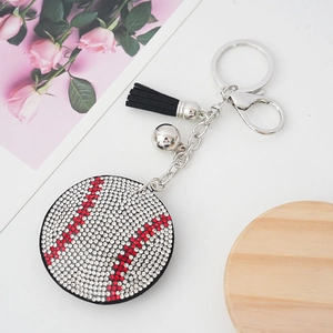 Portachiavi da baseball con strass scintillanti e nappina in pelle nera per borsa