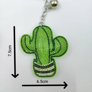Sparkling green cactus rhinestone keychain with silver metal chain and small bell charm