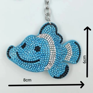 Blue rhinestone clownfish keychain pendant with sparkling crystals and silver chain link