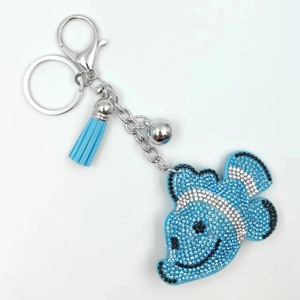 Sparkling blue tropical fish keychain with rhinestones and light blue leather tassel