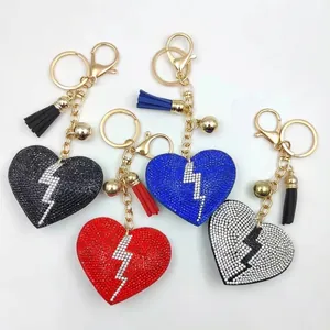Fashion Rhinestone Heart Lightning Keychain With Tassel Alloy Bag Pendant Charm For Women Handbag Accessories Key Ring