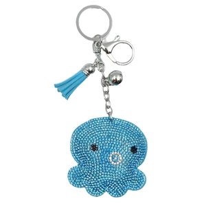 Sparkling light blue octopus keychain with rhinestones, leather tassel and silver bell