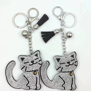 Detail of silver rhinestone cat keychain with black tassel and bell on white background