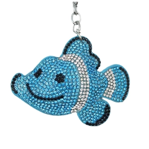 Sparkling tropical clownfish rhinestone keychain with blue crystal pavé in silver metal