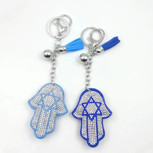 Hamsa Hand and Star of David keychain with rhinestones, leather tassel and bells