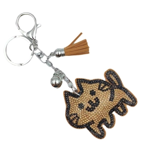 Cute cartoon cat keychain with sparkling rhinestones, tassels, and bells for bag decor