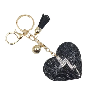 Black heart keychain with lightning bolt rhinestones and elegant gold tassels