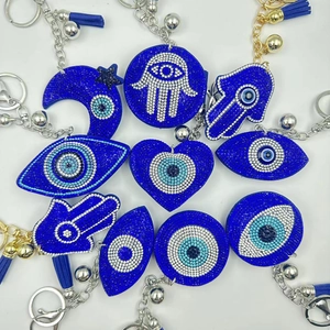 Bohemian Evil Eye Rhinestone Keychain With Tassel Blue Hamsa Hand Heart Moon Shape Bag Charm Lucky Jewelry Gift For Women
