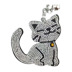 Sparkling rhinestone cartoon cat keychain with silver metal chain and bell accessory