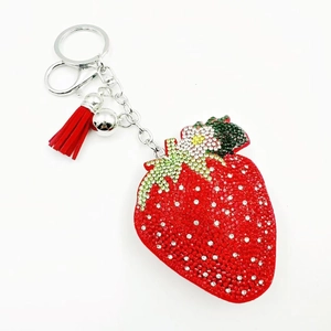 Süßer Erdbeere Strass Schlüsselanhänger Für Damen Zinklegierung Kristall Frucht Tasche Anhänger Mit Quaste Und Glocke Modeschmuck Geschenk