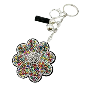Porte-clés tournesol arc-en-ciel en cristal avec pompon en cuir et clochette
