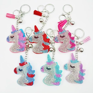 Cute Cartoon Unicorn Rhinestone Keychain Fashion Crystal Tassel Bag Pendant With Little Bell For Women Girls Gift