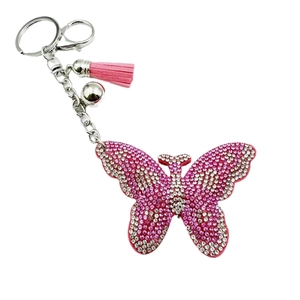 Porte-clés papillon en strass rose avec gland en velours et fermoir mousqueton