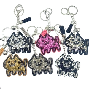Cute Cartoon Cat Rhinestone Keychain Alloy Animal Bag Pendant With Tassel And Bell Sparkling Rhinestone Key Ring Gift Jewelry