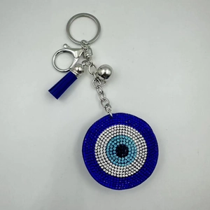 Sparkling rhinestone evil eye keychain with blue tassel and silver lobster clasp