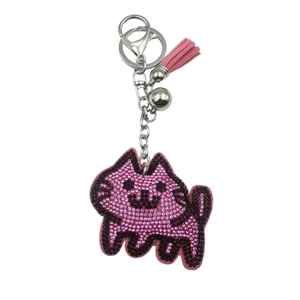 Cute pink rhinestone cat keychain with tassel and silver bell for bags and accessories