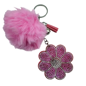 Pink plush flower rhinestone keychain with soft fur ball and tassel for bags and cars