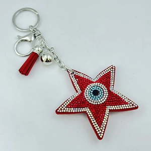 Porte-clés étoile œil protecteur rouge avec strass et pendentif décoratif à pompon rouge