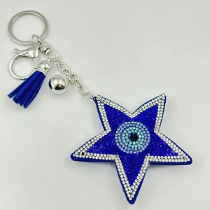 Porte-clés étoile œil porte-bonheur avec strass bleus, anneau argenté et gland bleu