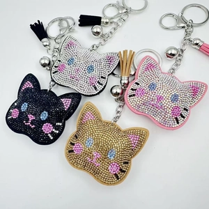 Rhinestone Cat Head Keychain With Leather Tassel Bell Creative Alloy Cat Bag Charm For Women Purse Accessories Gift