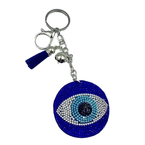 Blue Evil Eye keychain with sparkling rhinestones and a stylish navy blue tassel pendant