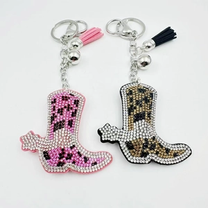 Rhinestone Leopard Print Cowboy Boot Keychain With Tassel Bell Western Style Fashion Boot Bag Charm Accessories Gift