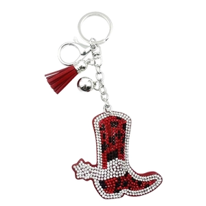 Sparkling western cowboy boot keychain with red rhinestones, leather tassel and bell