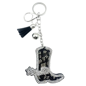 Western cowboy boot keychain with rhinestone patterns, leather tassel and small bell