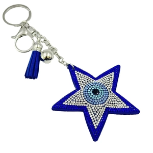 Porte-clés étoile œil protecteur avec strass bleus et pompon en cuir élégant