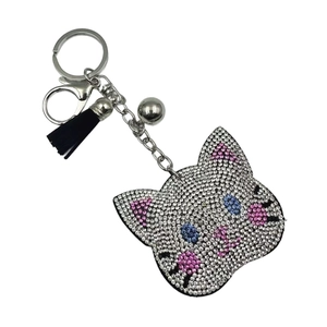 Sparkling crystal rhinestone cat keychain with black leather tassel and silver metal hardware