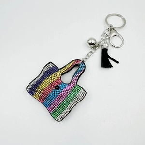 Porte-clés sac à main strass arc-en-ciel avec mousqueton argenté et pompon noir