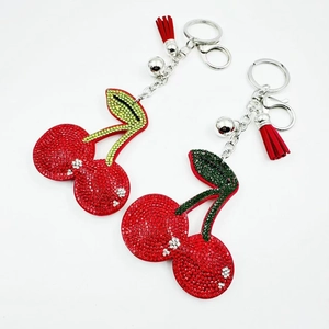 Sparkling Rhinestone Cherry Keychain With Tassel And Bell Zinc Alloy Fruit Bag Pendant For Women Girls Gift