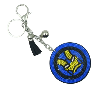 Superhero style rhinestone keychain with blue crystal peace sign and black tassel charm