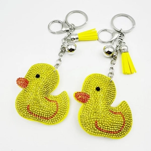 Cute Cartoon Duck Rhinestone Keychain With Tassel And Bell Zinc Alloy Animal Bag Pendant Sparkling Accessories For Women