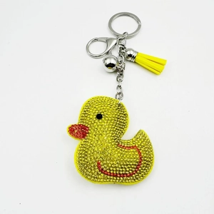 Creative cartoon yellow duck keychain with rhinestones, metal ring and yellow tassel