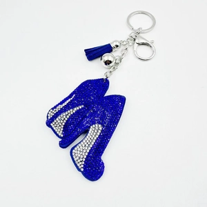 Porte-clés luxe lettre M en strass avec pompon bleu et pendentif boule argentée