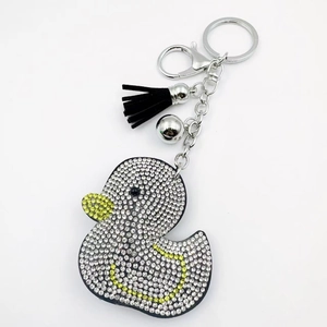 Sparkling crystal duck keychain with silver rhinestones and black leather tassel