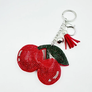 Porte-clés cerise en cristal scintillant avec strass rouges pour décoration de sac